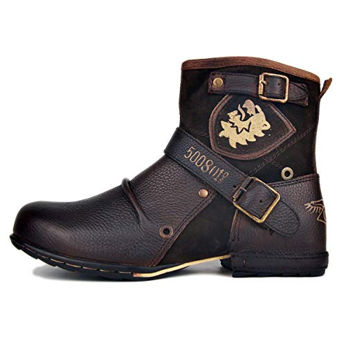 OSSTONE Herren Stiefel aus Rindsleder, Lederstiefel mit Gummisohle Biker Motorrad Boots mit Reißverschluss, 6.5" Männer Stiefeletten mit 0.98" Absatz OS-5008-1-N-S-Brown-9.5 von OSSTONE