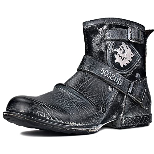 OSSTONE Herren Stiefel aus Rindsleder Lederstiefel mit Gummisohle Biker Boots mit Reißverschluss Männer Stiefeletten OS-5008-1-AI-10 von OSSTONE