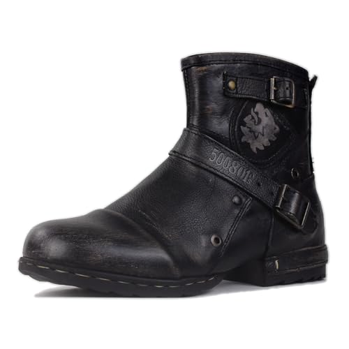 OSSTONE Herren Stiefel aus Rindsleder Lederstiefel mit Gummisohle Biker Boots mit Reißverschluss Männer Stiefeletten OS-5008-1-BS-R,Vintage Schwarz,US8.5 von OSSTONE