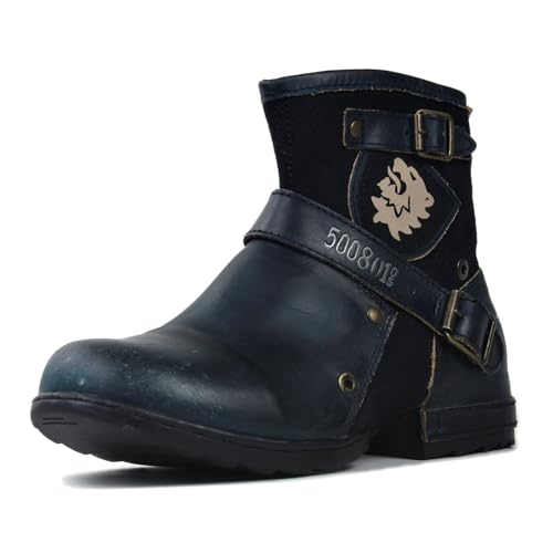 OSSTONE Herren Stiefel aus Rindsleder Lederstiefel mit Gummisohle Biker Boots mit Reißverschluss Männer Stiefeletten OS-5008-1-BU-R,Vintage Blau, US7(EU40) von OSSTONE