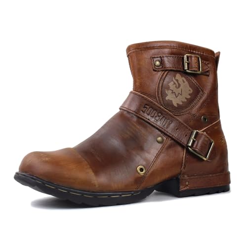 OSSTONE Herren Stiefel aus Rindsleder Lederstiefel mit Gummisohle Biker Boots mit Reißverschluss Männer Stiefeletten OS-5008-1-BV-R,Vintage Tan, US12(EU46) von OSSTONE