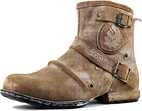 OSSTONE Herren leder chukkastiefel Worker biker boots-motorrad-leder-schuhe für reißverschluss Schnürstiefeletten boots 5008-1-F Beige 8.5 von OSSTONE