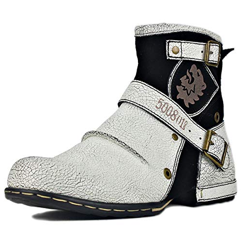 OSSTONE Herren Stiefel aus Rindsleder Lederstiefel mit Gummisohle Biker Boots mit Reißverschluss Männer Stiefeletten OS-5008-1-White-10 von OSSTONE