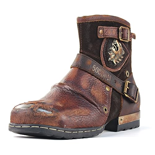 OSSTONE Herren gepolsterte Sohle Motorradstiefel Metallkappe Design für zusätzliche Stoßfestigkeit Westernstiefel Abriebfestigkeit Reitschuhe für Männer OS-5008-1-BL，Metall Braun US8（EU40.5） von OSSTONE