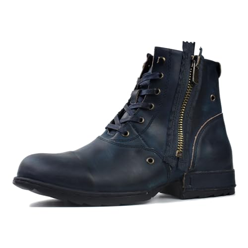 OSSTONE Retro Blau Herren leder chukkastiefel Worker biker boots-motorrad-leder-schuhe für Schnürstiefeletten boots OS-5008-8-I, US7.5(EU40.5) von OSSTONE