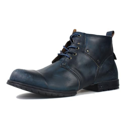 OSSTONE Retro Blau Herren leder chukkastiefel Worker biker boots-motorrad-leder-schuhe für Schnürstiefeletten boots OS-6015-2-Retro-Blue，US9.5(EU43) von OSSTONE