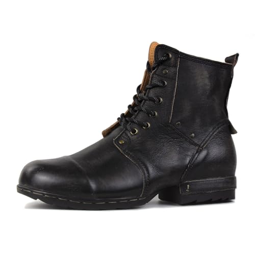OSSTONE Vintage Schwarz Herren leder retro chukkastiefel Worker biker boots-motorrad-leder-schuhe für Schnürstiefeletten boots OS-6015-6-Vintage-Black-8.5-US-R von OSSTONE
