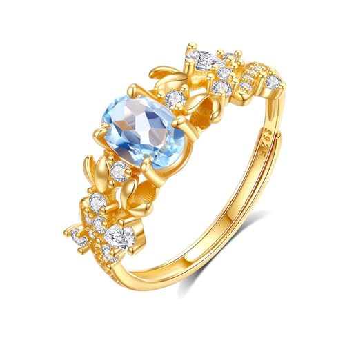 Damen Ring mit Lila Amethyst/Grün Peridot/Rot Granat/Topas/Citrin, Ring mit Elliptisch Edelstein in s925 Sterling Silber, Frauen Mädchen Schmuck, Gold Farbe (Blau Topas) von OSTAN