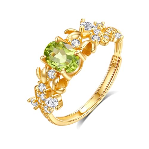 Damen Ring mit Lila Amethyst/Grün Peridot/Rot Granat/Topas/Citrin, Ring mit Elliptisch Edelstein in s925 Sterling Silber, Frauen Mädchen Schmuck, Gold Farbe (Grün Peridot) von OSTAN