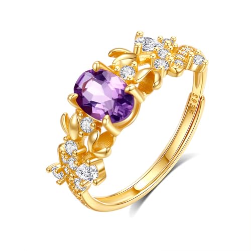 Damen Ring mit Lila Amethyst/Grün Peridot/Rot Granat/Topas/Citrin, Ring mit Elliptisch Edelstein in s925 Sterling Silber, Frauen Mädchen Schmuck, Gold Farbe (Lila Amethyst) von OSTAN