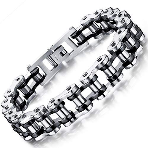 OSTAN Herren Edelstahl Armbänder Fahrradkette Biker Motorradkette Gliederkette Herren Armband Rock Band Armreif (schwarz + silber, 21.5) von OSTAN