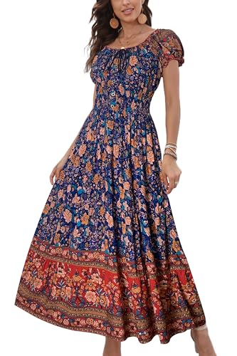 Damen Ärmellos Sommer Flowy Bedruckt Boho Maxi Langes Kleid Kleider für Hochzeit Gast, Tiefblaue Blumen, Klein von OSTOO