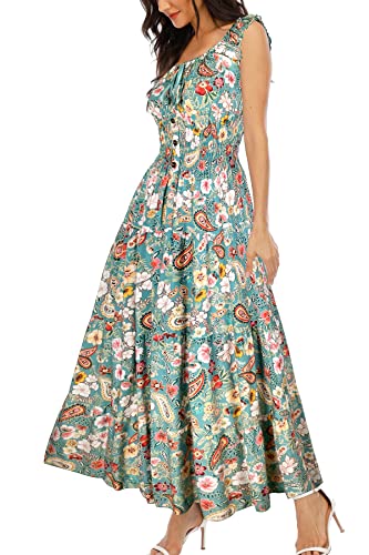 OSTOO Ärmelloses lässiges Damenkleid mit Blumenmuster für Frauen, fließendes langes Sommerkleid, Boho-Strandkleid, Sommerkleider, Grün D, Klein von OSTOO