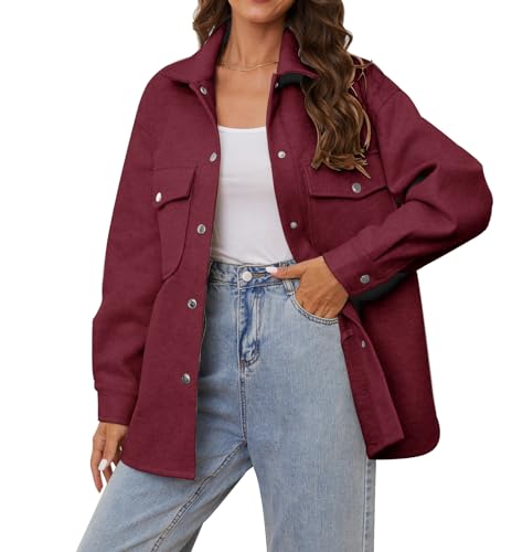 OSTOO Damen 2023 Oversized Leichte Lange Ärmel Shacket Jacke Button Down Wollmischung Mäntel mit Taschen, Burgunder, Medium von OSTOO