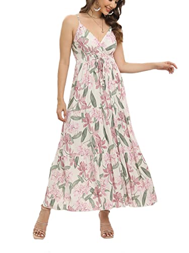 OSTOO Damen Blumendruck Maxikleider Ärmellos Ärmel Boho Empire Taille Kleid, Apricot C, Klein von OSTOO