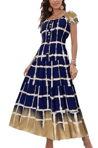 OSTOO Damen-Maxikleid 2025, Sommer, kurze Ärmel, Boho, Blumendruck, gestuft, lässig, fließend, lang, Blauer karierter Farbverlauf, X-Groß OSTOO Damen-Maxikleid 2025, Sommer, kurze Ärmel, Boho, Blumendruck, gestuft, lässig, fließend, lang, Blauer karierter Farbverlauf, X-Groß von OSTOO