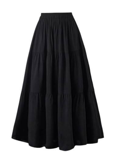 OSTOO Damen Sommer Lang Flowy Renaissance Rock mit Taschen Boho Hohe Taille A-Linie Maxirock, Schwarz, Klein von OSTOO
