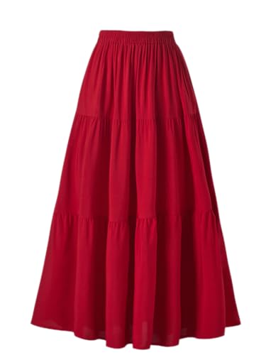 OSTOO Damen Sommer Lang Flowy Renaissance Rock mit Taschen Boho Hohe Taille A-Linie Maxirock, reines rot, XX-Large von OSTOO