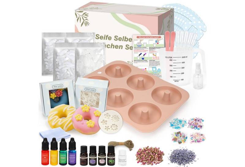 OSTWOLKE Seifen-Set Donut Seifen Selber Machen Set Bastelset für DIY Seifenherstellung, Komplette DIY Set inkl. Seifenbasis, Ätherisches Öl, Silikonform von OSTWOLKE