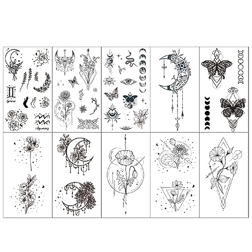 10 Blatt schwarze temporäre Tattoos für Frauen, Erwachsene, Rose, Lotus, Mandala, Blume, realistische Fake-Tattoos, Mädchen, temporäre Tattoos zum Aufkleben auf die Haut, Armstulpen von OSUWLSI