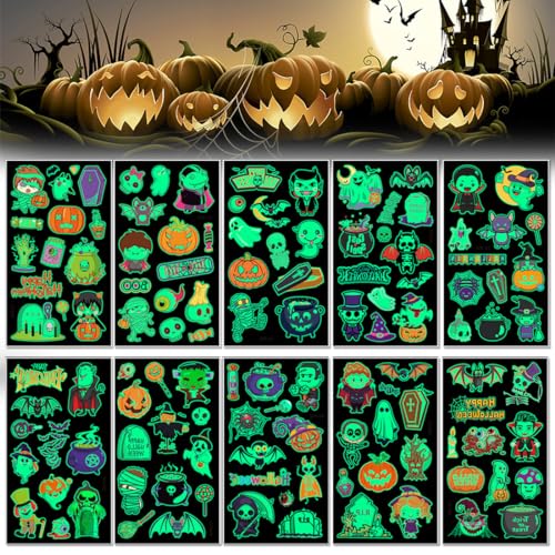 OSUWLSI 10 Blatt Halloween Tattoo Kinder, Leucht Halloween Deko Temporäre Tattoos Sticker Fake Tattoos Aufkleber für Halloween Dekoration, Halloween Party Mitgebsel Kinder Party Zubehör Geschenke von OSUWLSI