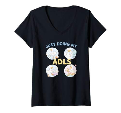 Damen Just Doing My ADLs Cute Duck Occupational Therapy Design T-Shirt mit V-Ausschnitt Damen Just Doing My ADLs Cute Duck Occupational Therapy Design T-Shirt mit V-Ausschnitt von OT Duck Daily Living Co.