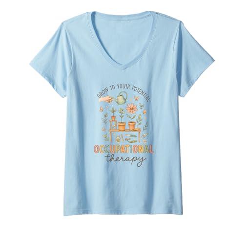 Damen Occupational Therapy Grow to Your Potential Garden Graphic T-Shirt mit V-Ausschnitt von OT Growth & Garden Vibes