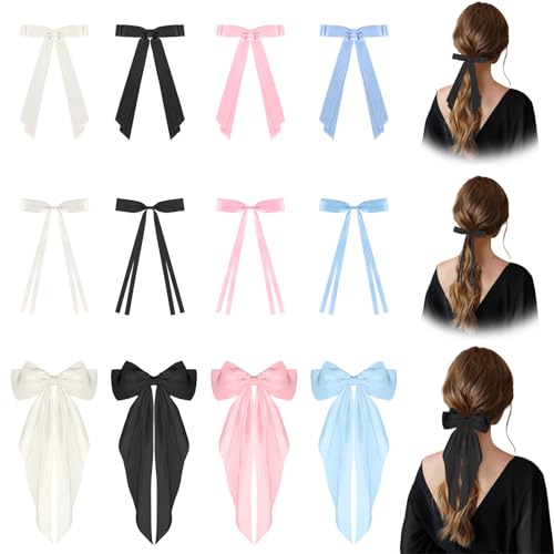 OT-NVWOZR 12 Stück Haarspangen Schleife für Damen, Satin Haarschleifen mit langem Schwanz, 3 Stile Seidige Schleifen Haarklammern Metall Mädchen Haarschmuck Haar-Accessoires Frauen von OT-NVWOZR