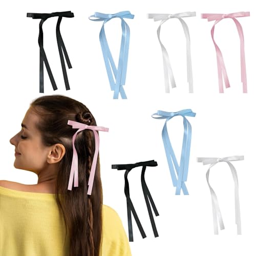 Packung mit 8 Schleifen Haarspangen, Haarschleife Frauen Mädchen Kleine Haarspange Schleife Lange Bänder Doppellagige Quaste Schleife Haarspangen mit langem Schwanz Fester Satin Haarschmuck von OTAIVE