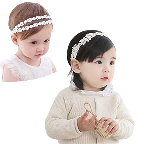 Baby-Stirnbänder für Mädchen, 2 Stück, Blumenblatt, weiß, Baby-Stirnbänder, Spitze, Blumenmuster, elastische Haarbänder, Baby-Haar-Accessoires für Neugeborene, Kleinkinder, Mädchen von OTKARXUS