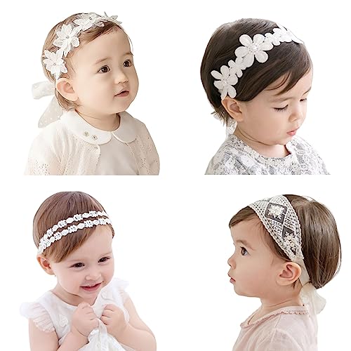 Baby-Stirnband,4PCS Cute Blumen Infant Elastic Stirnbänder with Schleifen,Baby Hair Accessories White Hair Bands for Neugeboren Kleinkinder Mädchen Kinder Taufe Geschenke von OTKARXUS