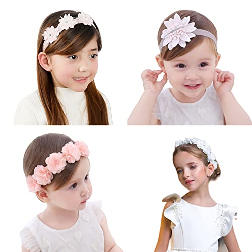 Baby-Stirnband,4PCS Niedliche Rosa Weiß Baby Mädchen Blume Stirnbänder,Floral Baby elastische Haare Bänder Haarschmuck für Neugeborene Säuglinge Kleinkinder Mädchen Kinder Fotografie von OTKARXUS