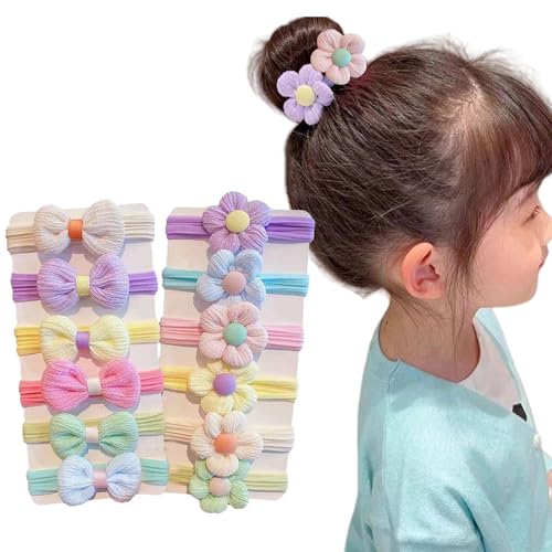 Haargummis Mädchen,12 Stück Nahtlosem Haarschleife mit Blumen und Schleife,Mädchen Haarschmuck Pferdeschwanzhalter für Kleinkinder Babys Mädchen (Bunte Schleife und Blume 12 Stück) von OTKARXUS