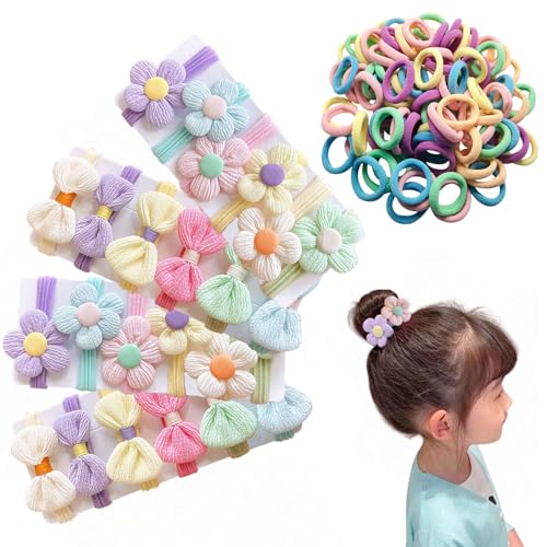 Haargummis Mädchen,124 Stück Nahtlosem Haarschleife mit Blumen und Schleife Satz,Mädchen Haarschmuck Pferdeschwanzhalter für Kleinkinder Babys Mädchen (C Bunte Schleife und Blume Satz) von OTKARXUS