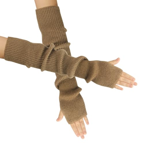 OTKARXUS Armstulpen Damen,1 Paar Lang Fingerlose Handschuhe Stricken mit Daumenloch,Winter Warme Pulswärmer Fäustlinge für Frauen Damen Mädchen (Khaki) von OTKARXUS