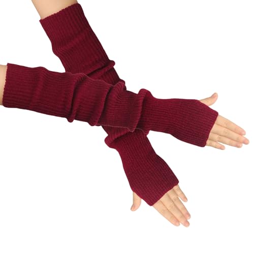 OTKARXUS Armstulpen Damen,1 Paar Lang Fingerlose Handschuhe Stricken mit Daumenloch,Winter Warme Pulswärmer Fäustlinge für Frauen Damen Mädchen (Weinrot) von OTKARXUS