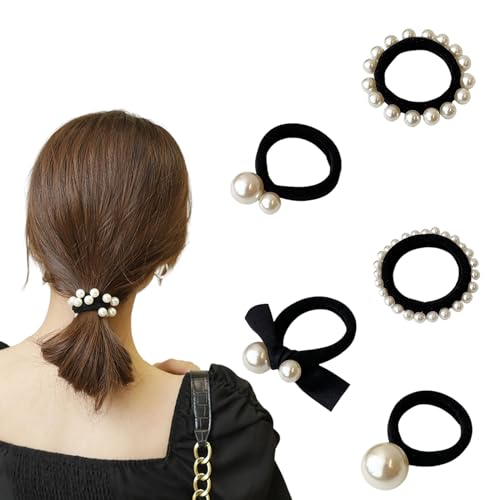 Perlen-Haarbänder, 5 Stück, schwarze Haargummis für Damen, elastische Pferdeschwanz-Halter, Haargummis, Haarschmuck für Damen und Mädchen (Schwarz, 5 Stück) von OTKARXUS