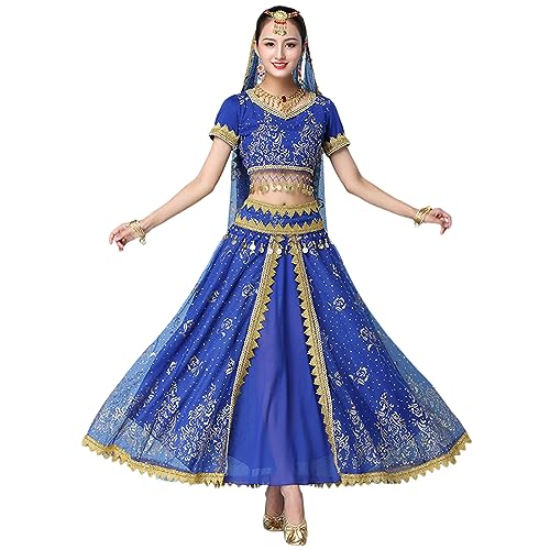 Bollywood Kleid Erwachsene Kostüm Frauen Indischer Tanz Set Bauchtanz Sari Kleidung Tanz Performance Kleidung Chiffon Rock Set,Blau,XL von OTMYIGO