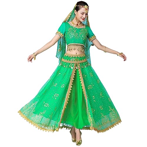 Bollywood Kleid Erwachsene Kostüm Frauen Indischer Tanz Set Bauchtanz Sari Kleidung Tanz Performance Kleidung Chiffon Rock Set,Grün,XL von OTMYIGO