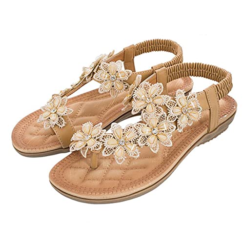 Damen Riemchen Flache Sandalen Sommer Bohemia Vintage Blume Clip Toe Ring Flip Flops Gladiator flachen Boden Sandalen Strand Schuhe,Apricot,37 EU von OTMYIGO