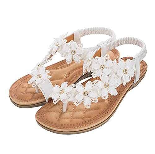Damen Riemchen Flache Sandalen Sommer Bohemia Vintage Blume Clip Toe Ring Flip Flops Gladiator flachen Boden Sandalen Strand Schuhe,Weiß,37 EU von OTMYIGO