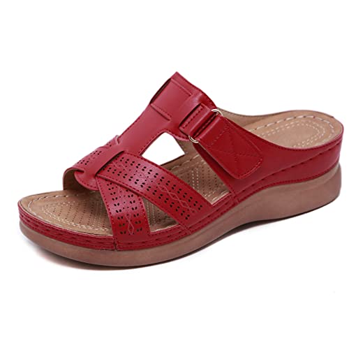 Frauen Sandalen Premium Orthopädische Offene Zehe Slipper 2023 Sommer Offene Zehe Keilabsatz Slipper Strandschuhe,Rot,38 EU von OTMYIGO