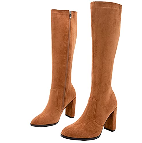 Frauen Stiefel 2023 Herbst und Winter Wildleder Western Cowboystiefel Vintage Overknee-Stiefel Overknee-Stiefel Round Toe Side Zipper Boot,Braun,40 EU von OTMYIGO