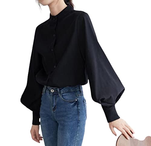Große Laterne Ärmel Bluse Frauen Herbst Winter Einreiher Stehkragen Shirts Büroarbeit Bluse Solide Vintage Bluse Shirts,Schwarz,L von OTMYIGO