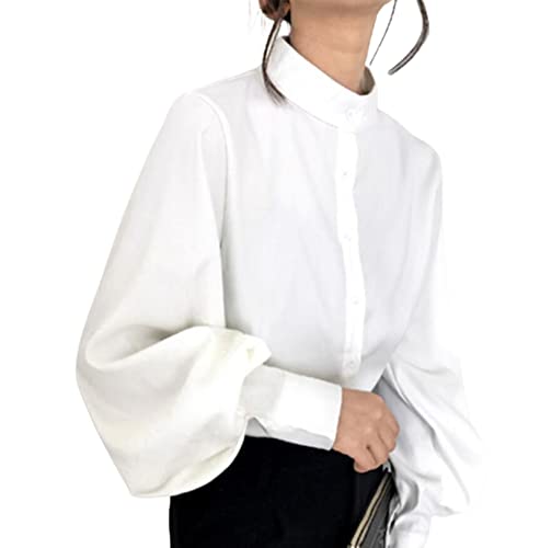 Große Laterne Ärmel Bluse Frauen Herbst Winter Einreiher Stehkragen Shirts Büroarbeit Bluse Solide Vintage Bluse Shirts,Weiß,L von OTMYIGO