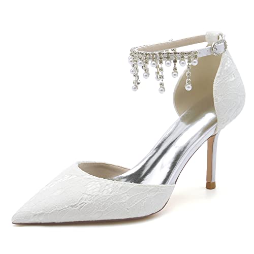 High Heels für Frauen Spitze Elfenbein Hochzeit Brautschuhe mit Knöchelriemen Spitz Pumps Perlen Braut Party Pumps,Weiß,38 EU von OTMYIGO