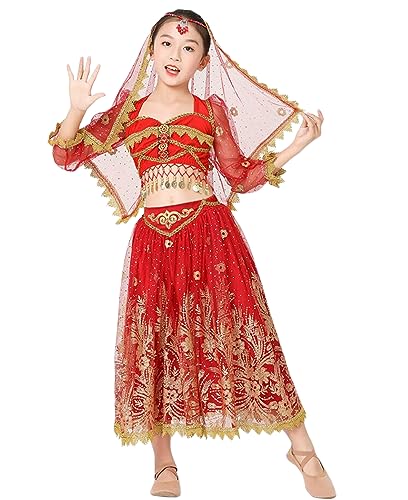 OTMYIGO 4 Teile/Satz Mädchen Bollywood Tanzkostüm Set Bauchtanzabnutzung Kleid Indische Kleidung Für Mädchen Orientalische Tanzkostüme,Rot,L von OTMYIGO