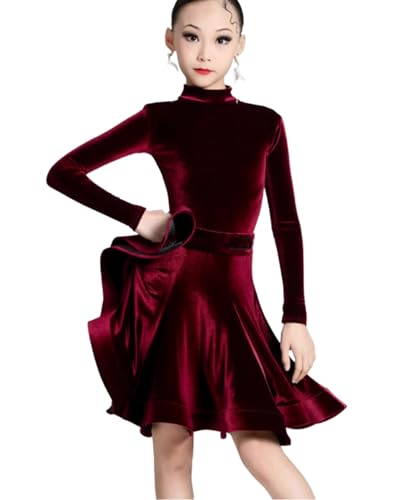 OTMYIGO A2,130, Mädchen Latein Tanzkleid Kinder Gesellschaftstanz Wettkampfkostüme Samt Langarm Salsa Kostüm Gesellschaftstanz Tango Kleider von OTMYIGO