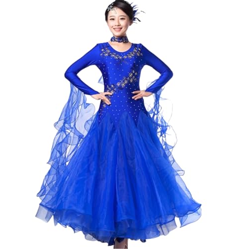 OTMYIGO Ballsaal-Kleid für Damen, langes Ballsaal-Tanzkleid für Damen, Walzerkleid, Tanzkleidung, Tango-Wettbewerbskostüme,Blau,3XL von OTMYIGO