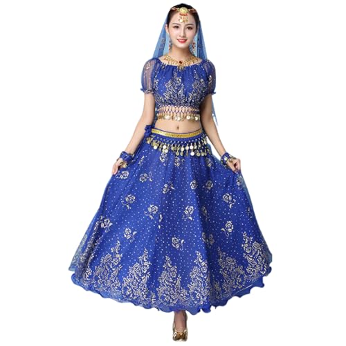 OTMYIGO Bauchtanz-Kostüm-Set für Damen, indischer Tanz, Bollywood-arabischer Tanz, Performance-Outfits Anzug,Blau,3piece Set von OTMYIGO